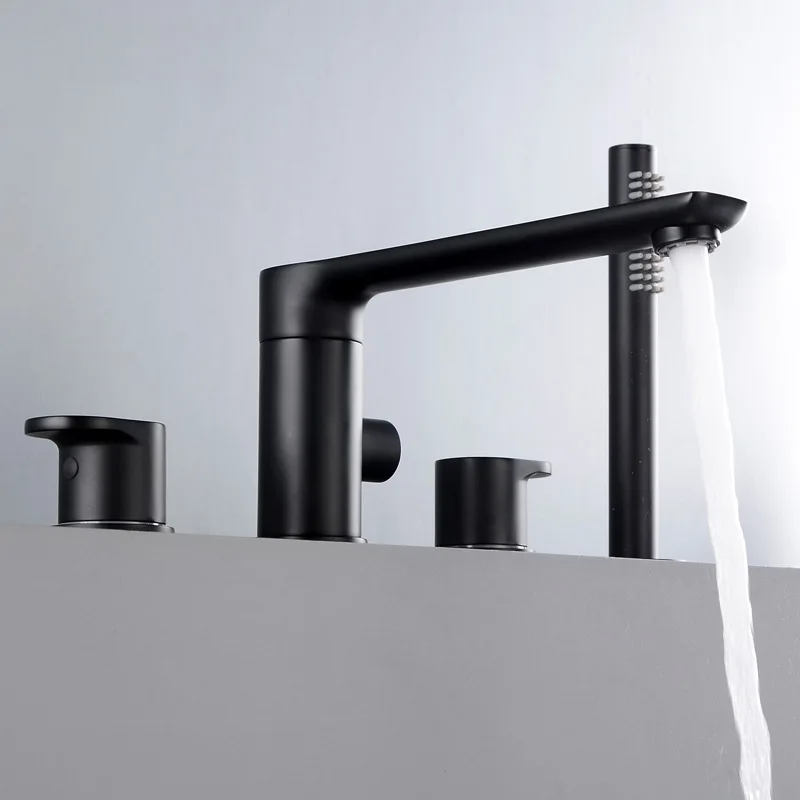 Matte Black solid brass bathroom Bathtub faucet Two handle Four holes mixer faucet High grade design Rotatable shower Tap