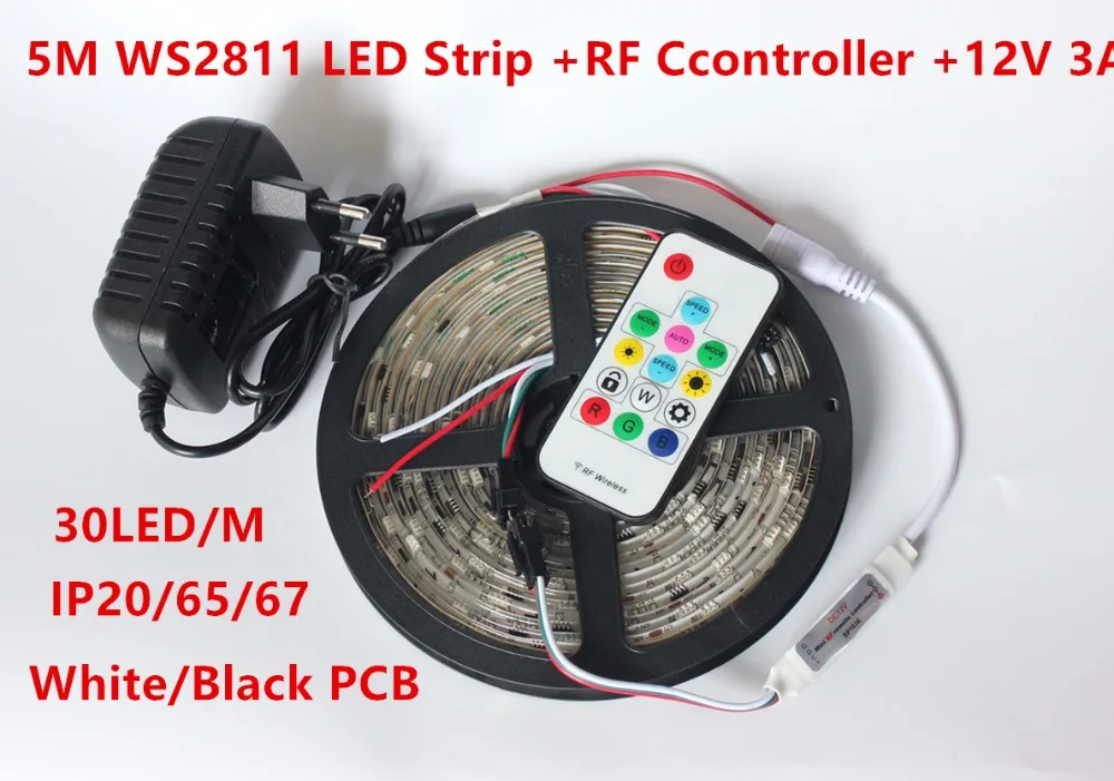 

5m DC12V ws2811ic 5050 RGB SMD addressable ws2811 led pixels strip,Flexible LED strip with RF Remote control,12V 3A adapter kit