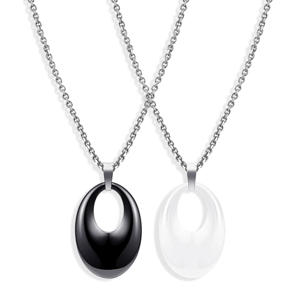 New Simple Design Ceramic Pendant Necklace White Black Round Pendant Necklace Stainless Steel Chain For Women