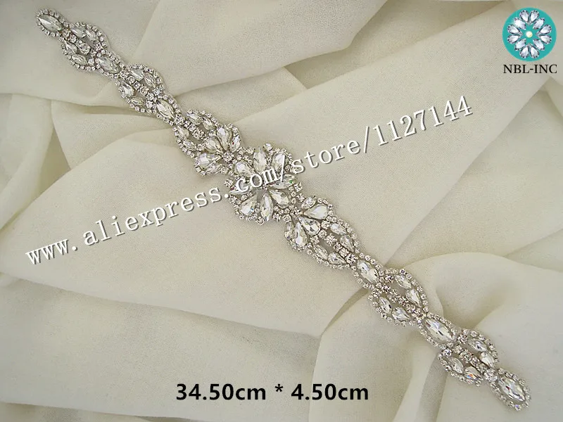 (30PCS)Wholesale hand beaded sewing bridal sash silver clear crystal rhinestone applique for wedding dresses DIY iron on WDD0471