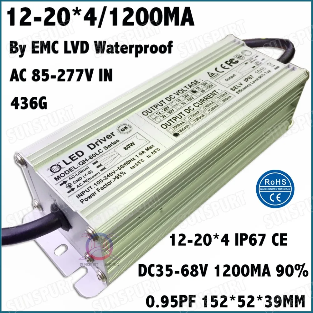 

2 Pcs By EMC LVD IP67 80W AC85-277V LED Driver 12-20Cx4B 1200mA DC35-68V Constant Current LED Power For Spotlights Free Shipping