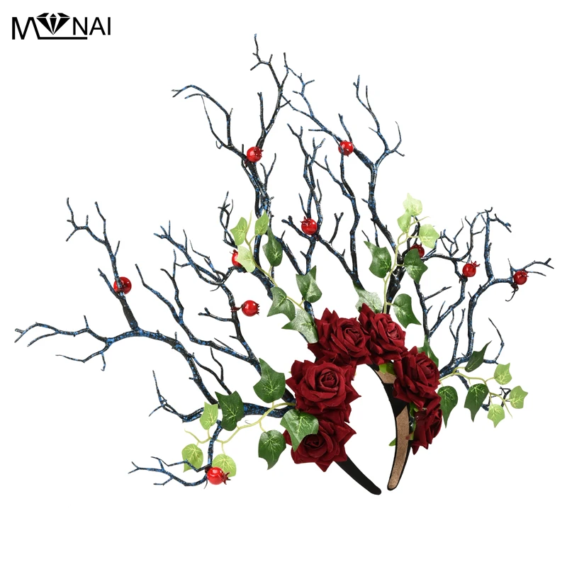 Long Antlers Tree Branches Horns Hair Headband Cosplay Party Fancy Dress Roses Leaves Berry Fruit Headpiece Handmade Gothic