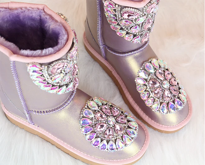 New Intrigue Purple Color Glitter Rhinestone  Embellished Snow Boots Winter Flat Warm Plush Inside Med calf Crystal Boots Shoes