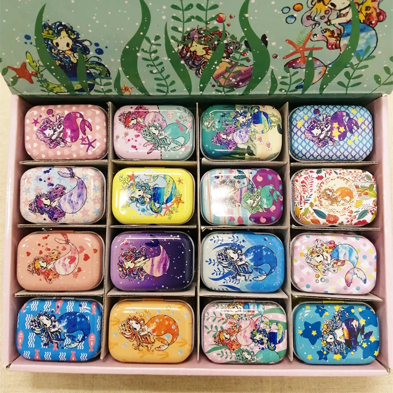 

32pcs/box Cartoon mermaid Print Tin Box Metal Coin Saver Jewerly Case Pill case 16 designs Chocolate Box Iron Gift Storage Case