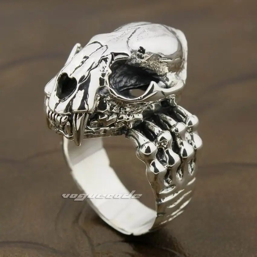 

925 Sterling Silver Tiger Skull Openable Tusk Fang Mens Biker Punk Ring 8D003 US Size 9.5