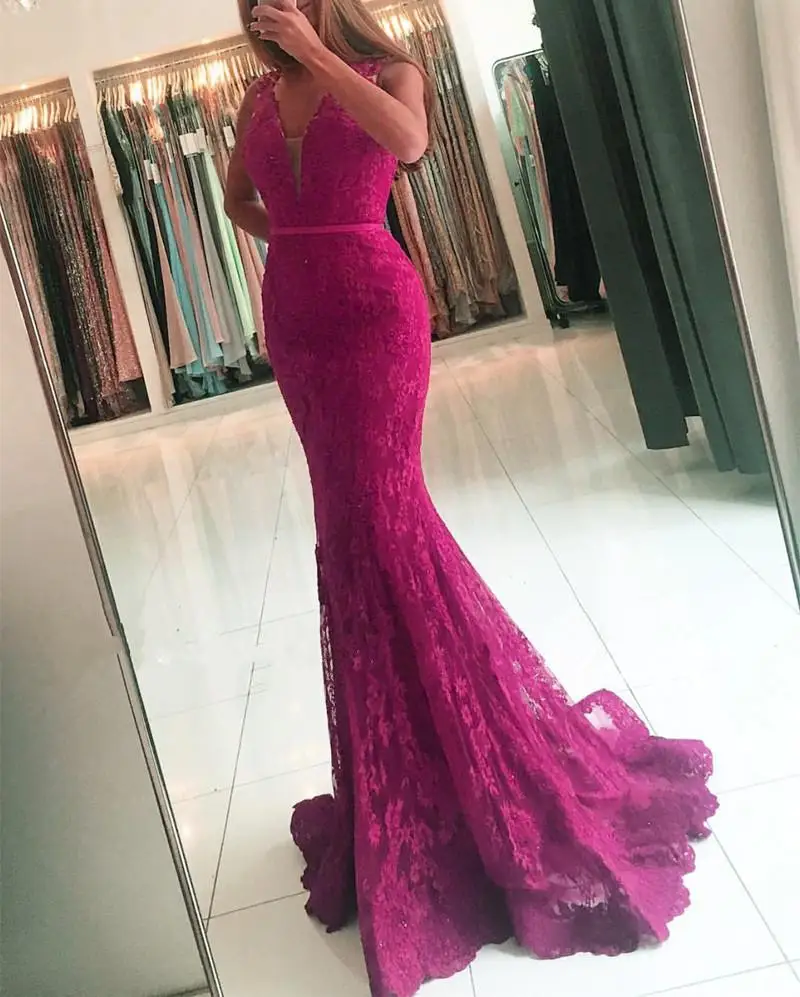 Elegancka koronka Mermaid suknie wieczorowe 2021 Sexy Illusion powrót długie suknie na przyjęcie V-neck sukienki wizytowe Robe De Soiree