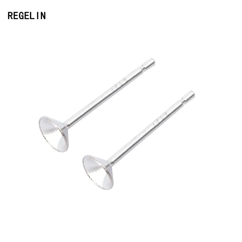 REGELIN 925 Sterling Silver Earrings Settings 4/6mm Blank Round Base Cabochon Stud Ear Bowl Base Posts Pure Silver Earring