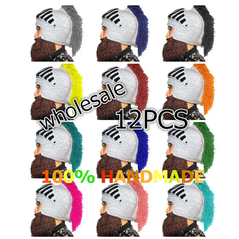 BomHCS 12PCS Wholesa Funny Winter Beard Hats Cosplay Roman Knight Knit Helmet Handmade Beanies Men's Caps