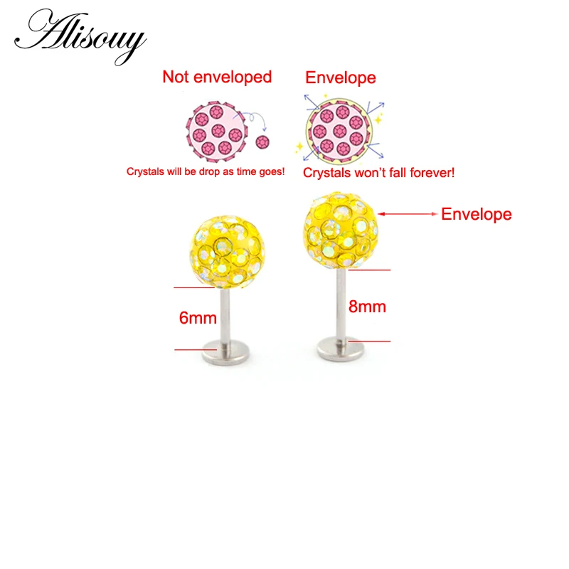 Alisouy 1Pcs 20g Externally Multi Crystal Envelope 6/8mm Piercing labret lip piercing ear tongue Belly Barbell Earring Studs