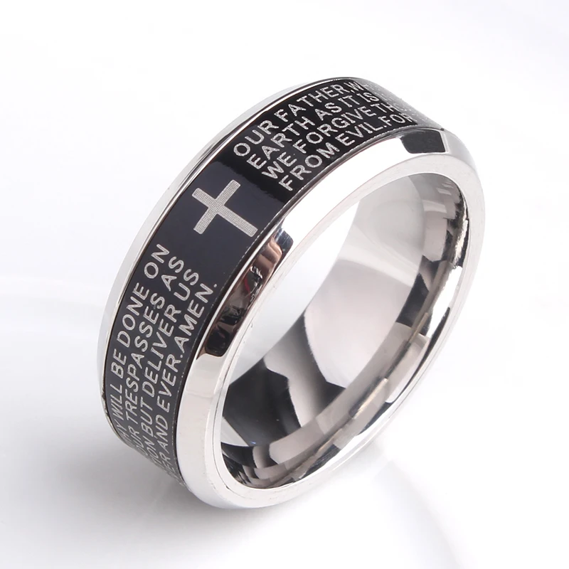 8mm black rotate English Bible cross Stainless Steel wedding rings for men women wholesale