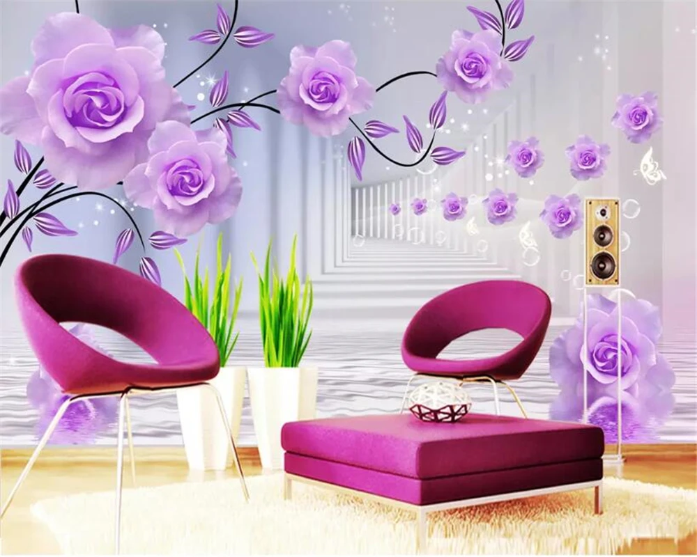 Beibehang Custom Photo Wallpaper painting 3D Purple rose reflection Living Room TV  Backdrop 3d wallpaper Modern Home decoration