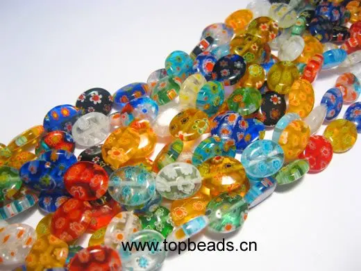 New Wholesales Flat Oval Millefiori Glass Loose Beads, 14x10x4mm