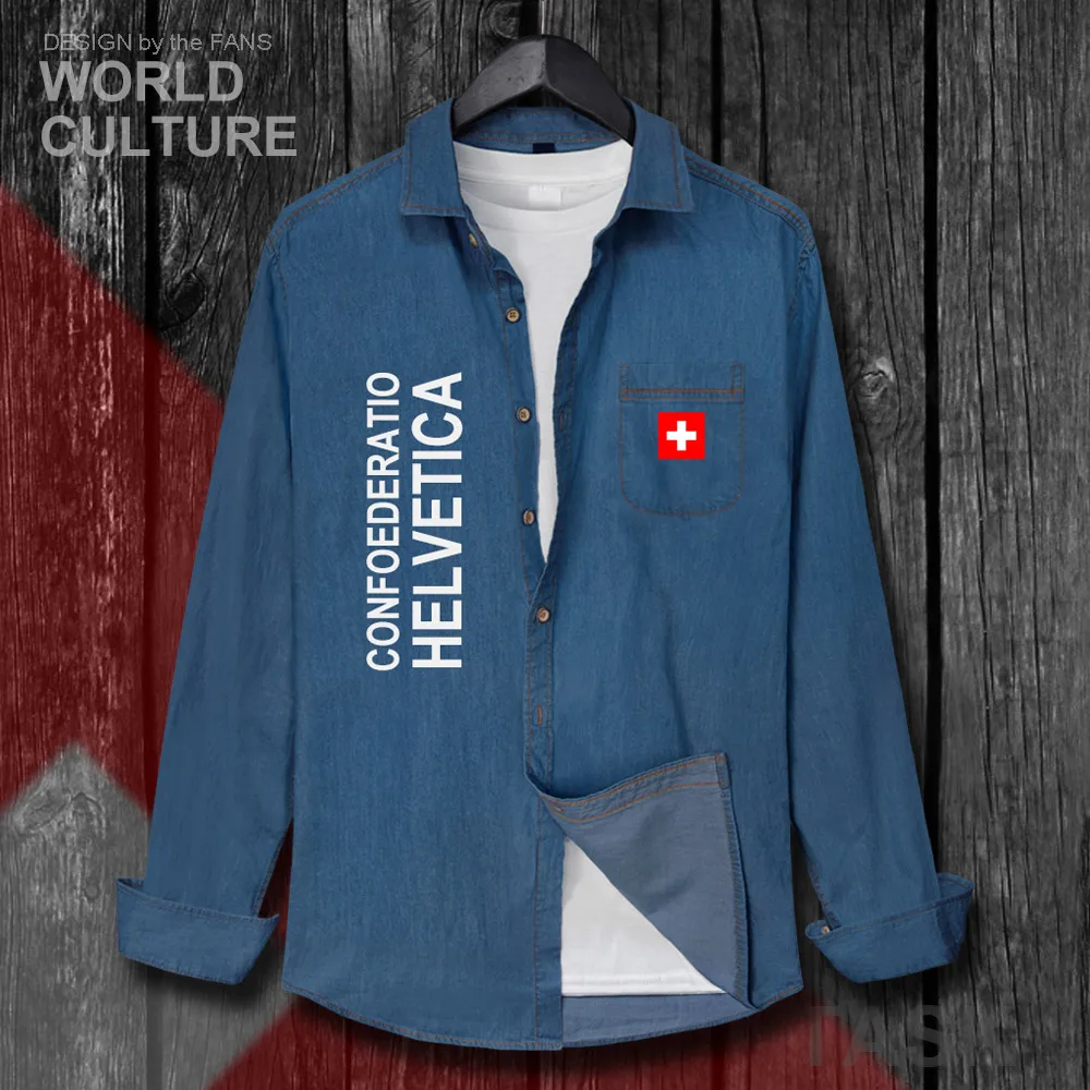 Swiss Confederation Switzerland CHE CH Confoederatio Helvetica Men Clothes Autumn Cotton Jean Shirt Long Sleeve Cowboy Coat Flag