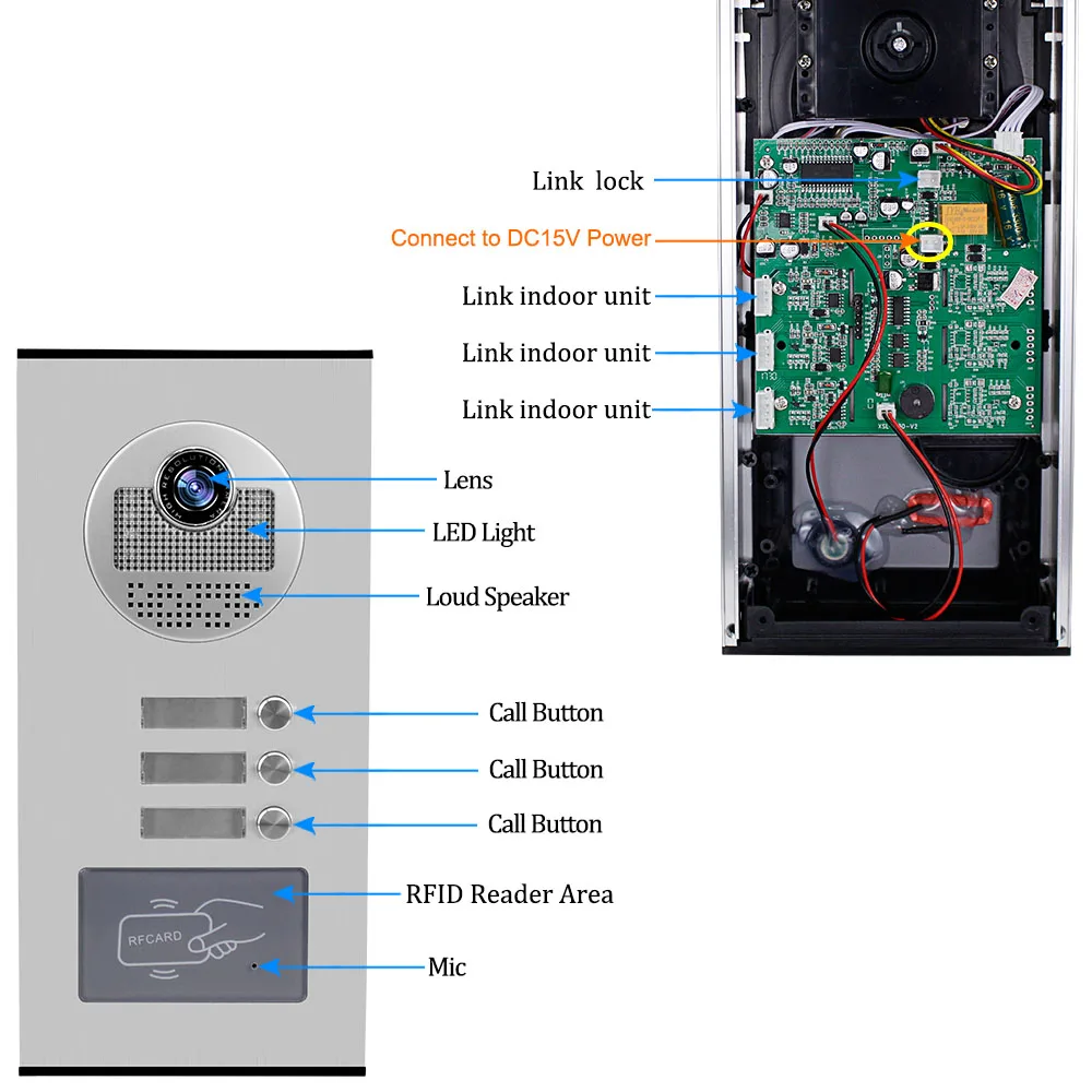 Câmera de campainha para telefone porteiro, unidade externa, desbloqueio de chaveiros RFID, edifício de baixo crescimento, intercomunicador