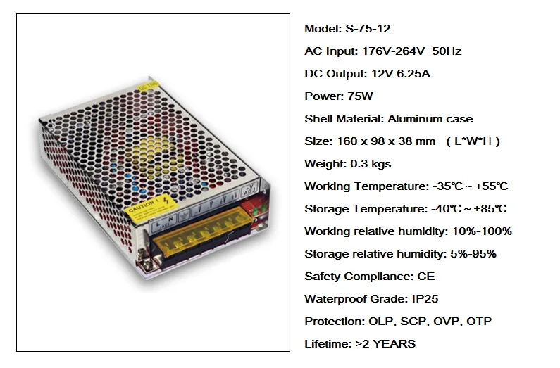 10pcs/lot High Quality 12V 6.25A 75W Switching Power Supply Driver for LED Strip Non-waterproof AC220 240 To DC