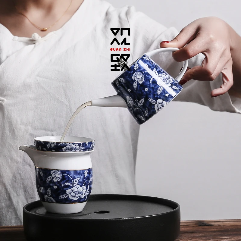 Jingdezhen blue and white porcelain kettle, kung fu tea set painted celadon tea making device retro filter household ceramic