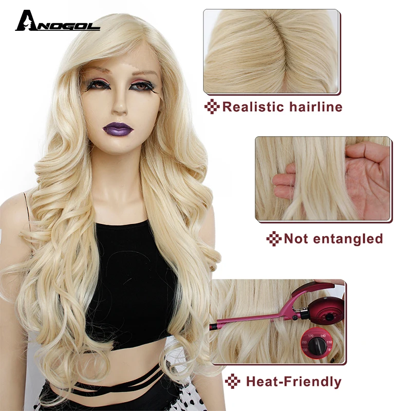 ANOGOL Synthetic 613 Blonde Lace Wigs Long Body Wave 1B# Black Fiber U Part Lace Wig Natural  Hairline Side Part Wig for Women