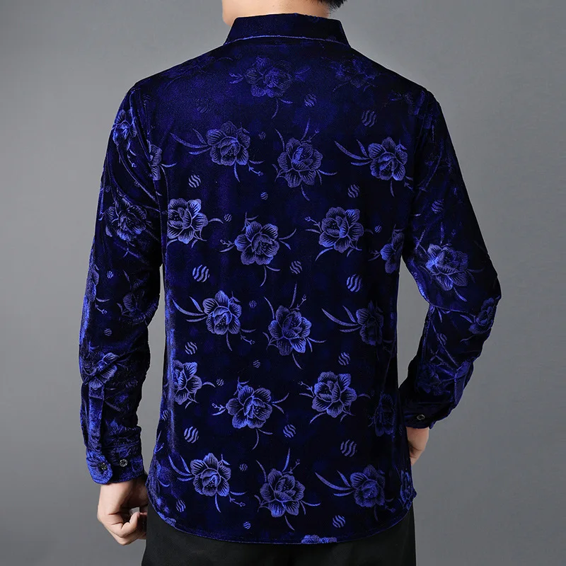 Beautiful Flower Luxury Shirts For Men Fashion Casual Long Sleeved Autumn High Quality Velvet Soft Comfortable Camisas De Hombre