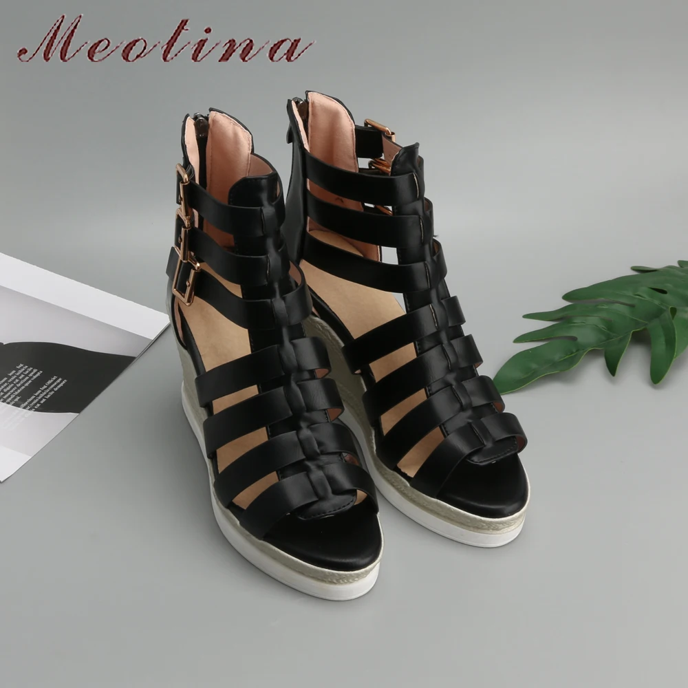 Meotina Gladiator Shoes 2019 Women Shoes Platform Wedges High Heel Sandals Rome Ladies Wedge Heels Zip Black White Plus Size 10 image 4