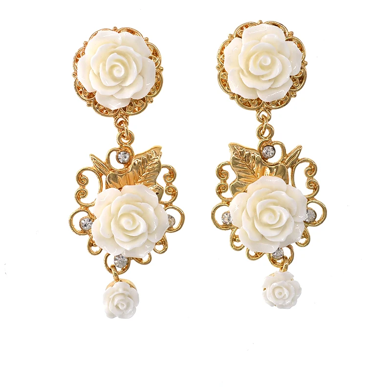 new design Fashion vintage white Flowers Drop Earring Retro Vintage Alloy Women Elegant Small Crystal Dangle Earring