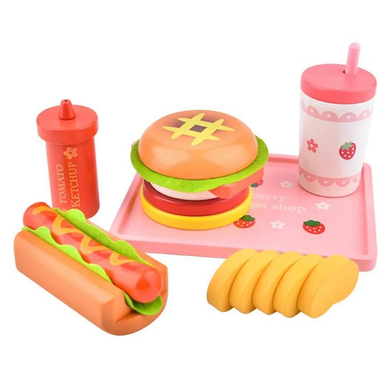 Fly AC Wooden burger toy Strawberry simulation burger hotdog group play kitchen toys for kids