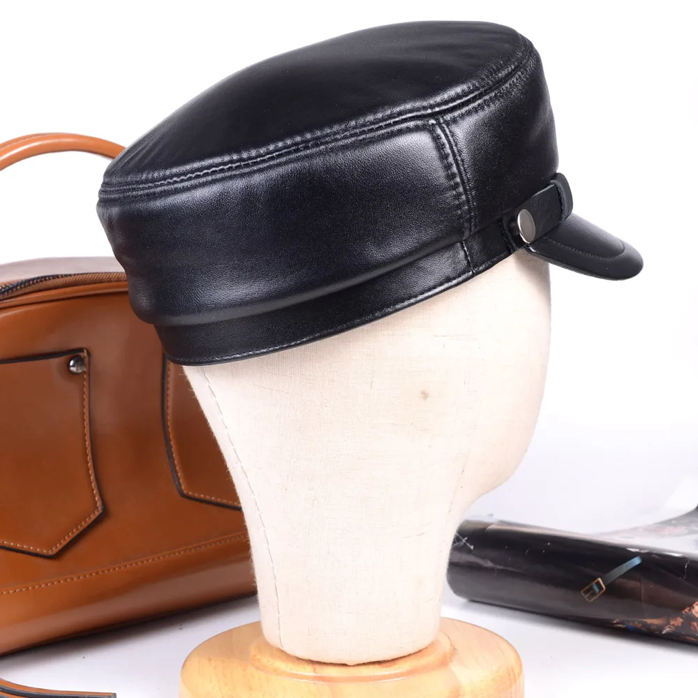 Casquette de loisirs unisexe en cuir véritable pour hommes et femmes, chapeaux plats gavroche militaires, casquettes noires