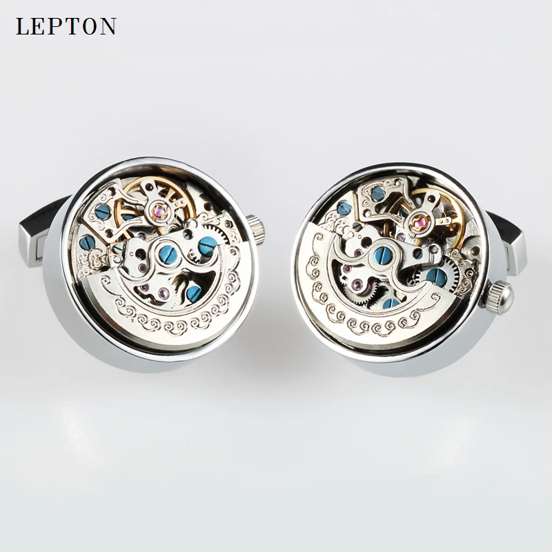 Low-key Luxury Functional Watch Movement Cufflinks Lepton Stainless Steel Steampunk Gear Watch Mechanism Cufflinks for Mens