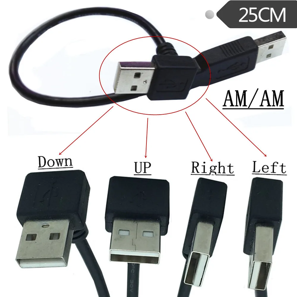 Adaptador de extensão usb a macho, adaptador de 90 graus direito e esquerdo para baixo, de 25cm