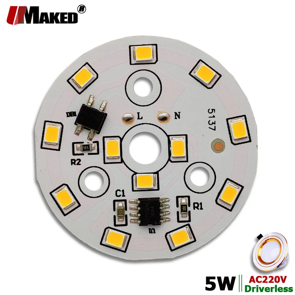 AC220V LED Module 5W 44mm 500lm Downlight PCB Aluminum plate White/Warm SMD2835 Smart IC Driver For Downlight Ceiling Lamps DIY