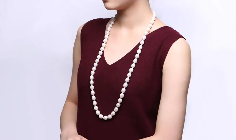 

30inch 80cm Women Jewelry natural pearl 8x9mm white oval round freshwater pearl long necklace gift