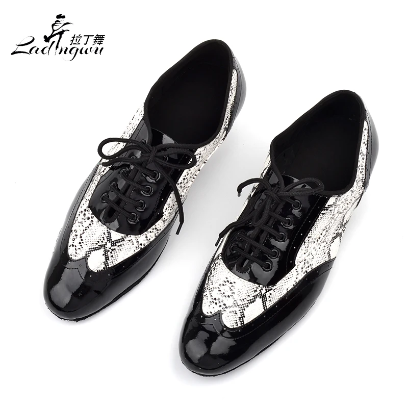 Ladingwu-zapatos de PU con textura de serpiente y negro para hombre, calzado Social para baile de salón, fondo suave, zapatos latinos para baile