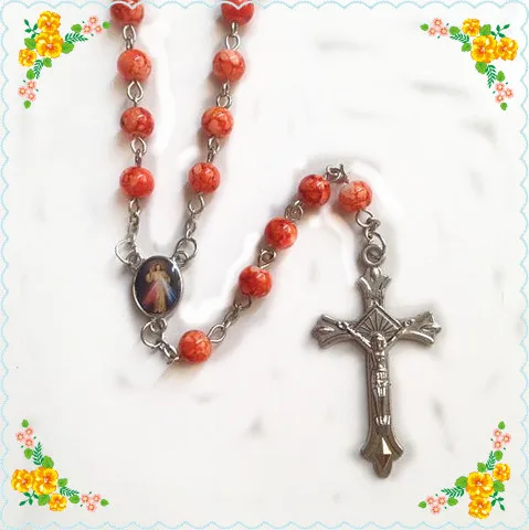 Free shipping   green  and orange glass bead rosary necklace aolly chain rosary religious rosario