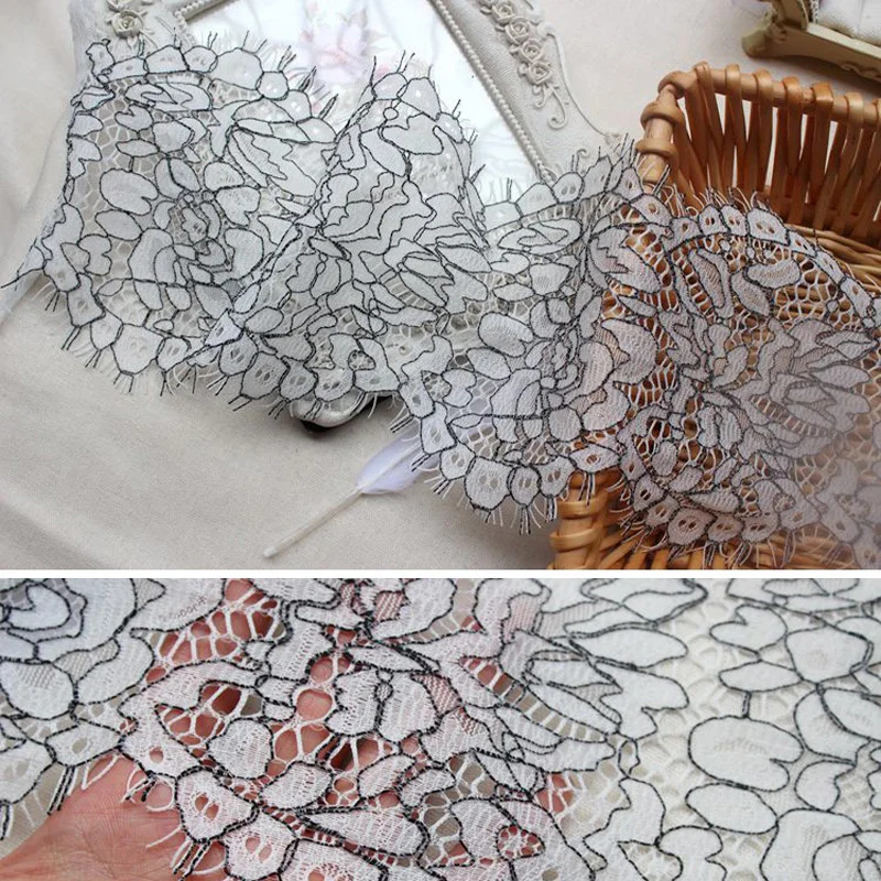

Double Colors Mesh Lace Fabric, Eyelash Lace, Embroidered Lace Ribbon, Sewing Accessories, Black and White, Wide 15cm, 3Yard