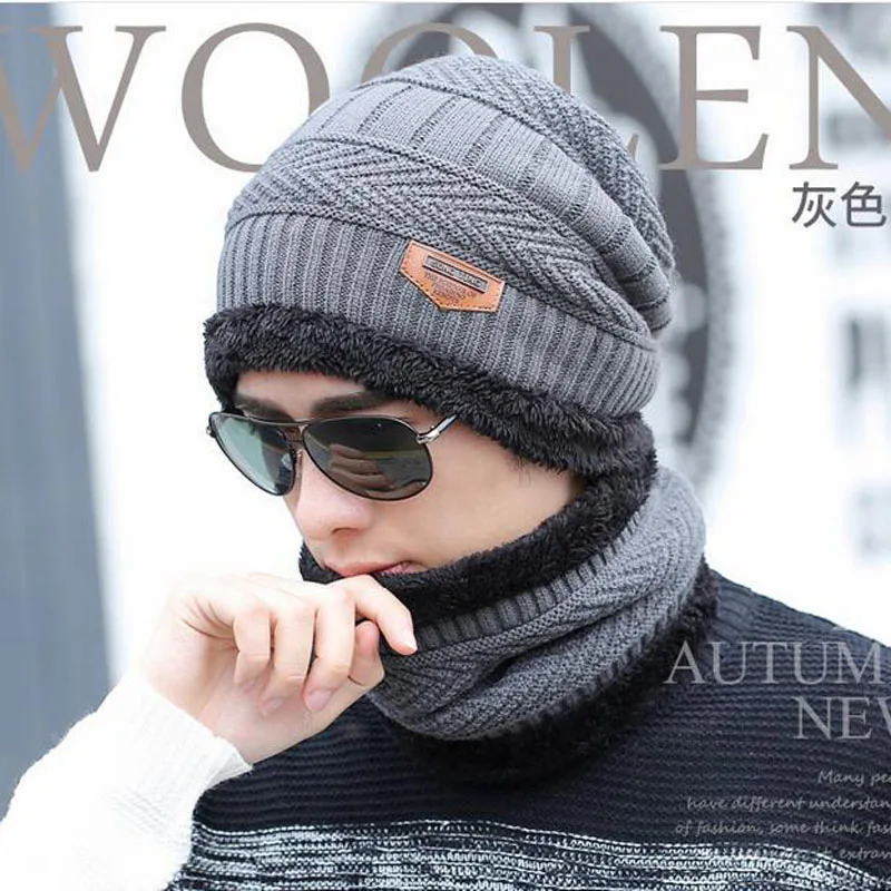 Men Warm Hats Cap Scarf Winter Hat Knitting for men Caps Lady Beanie Knitted Hats Women\'s hats Ring Scarf