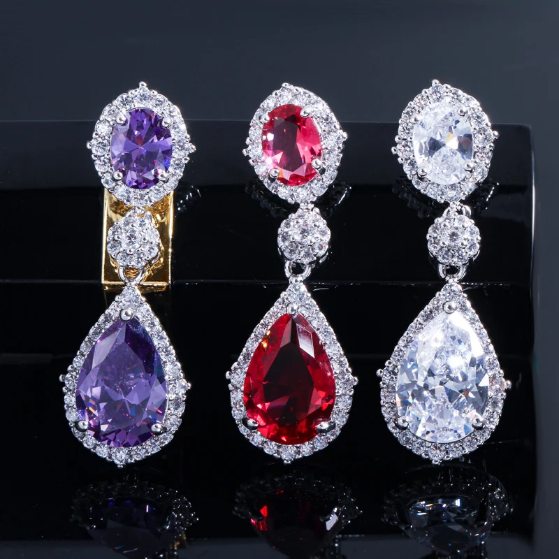 CWWZircons Brand 7 Color Options Brilliant White Gold Color Fashion Water Drop Purple CZ Crystal Earrings with Zirconia CZ370