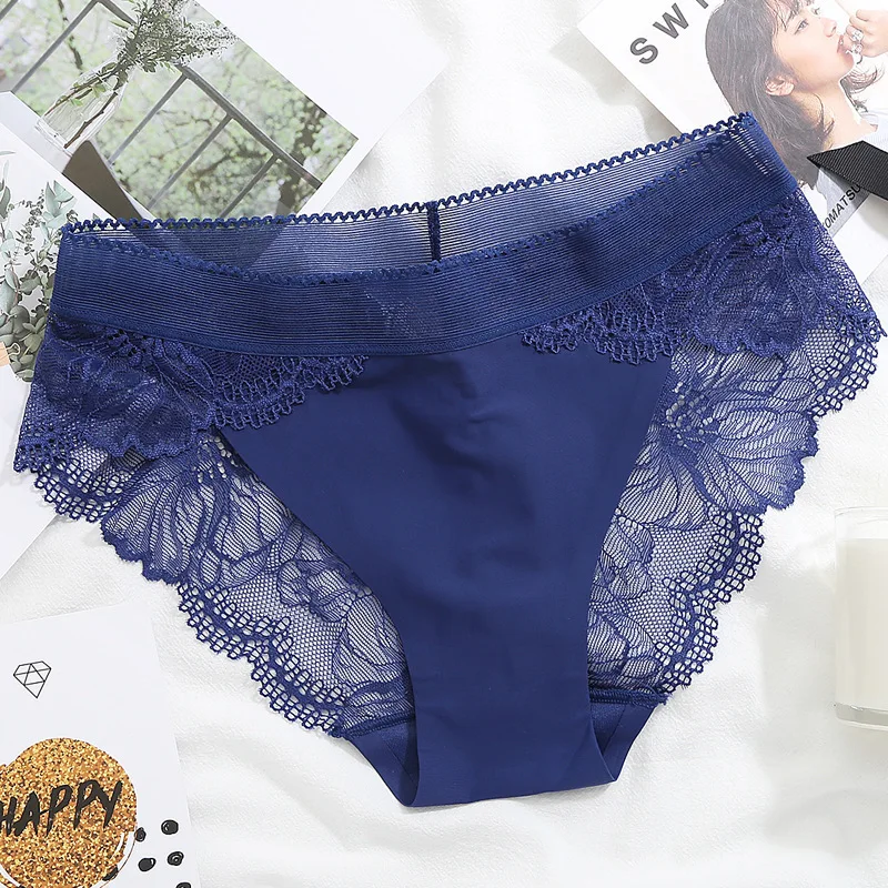 3PCS Seamless Sexy Hollow Lace Panties Women Ice Silk Transparent Temptation Flower Underwear Middle Waist Soft Smooth Breifs