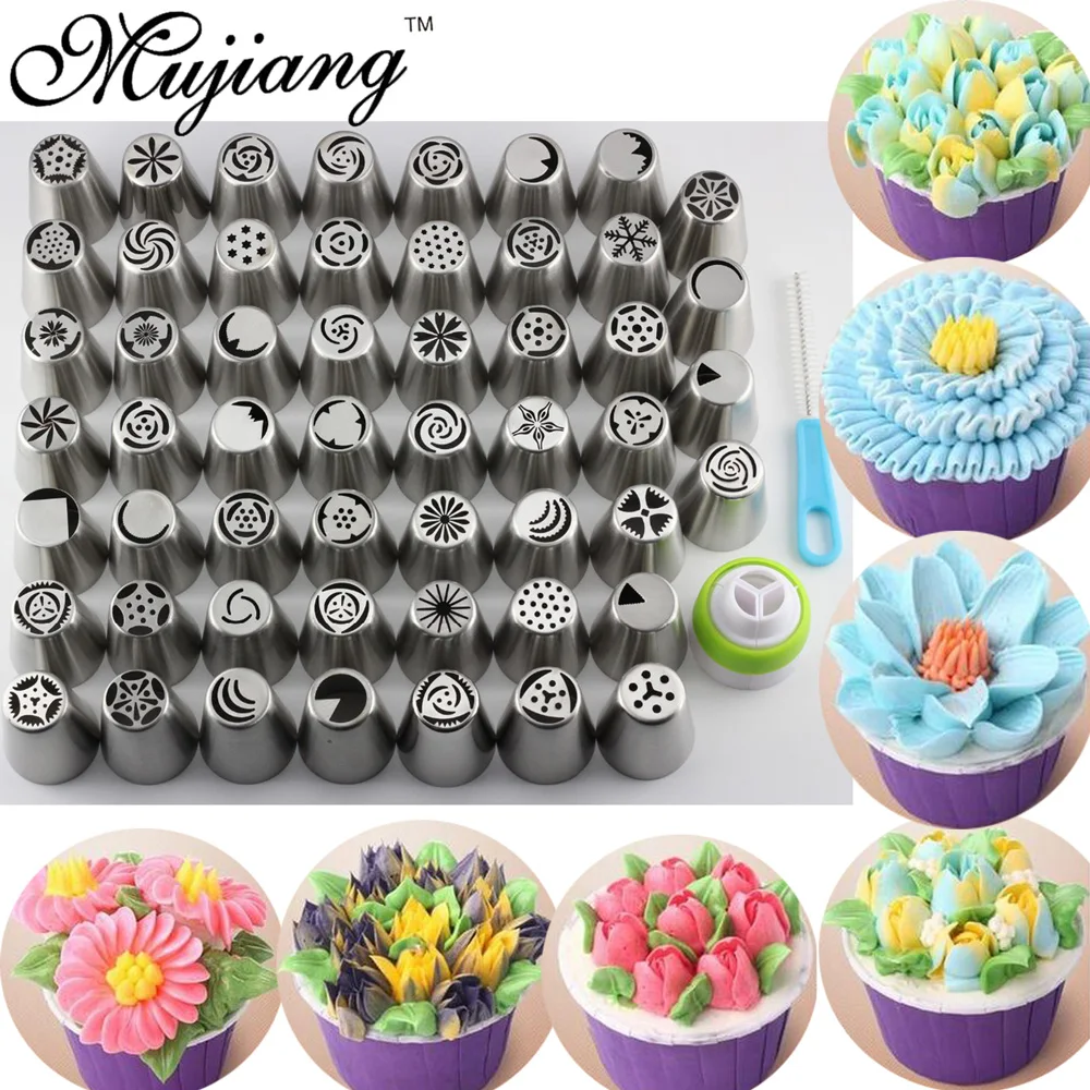 Mujiang 55 Pcs / Set Stainless Steel Russian Tulip Icing Piping Nozzles Pastry Tips Cake Decorating Tools for the Kitchen Baking