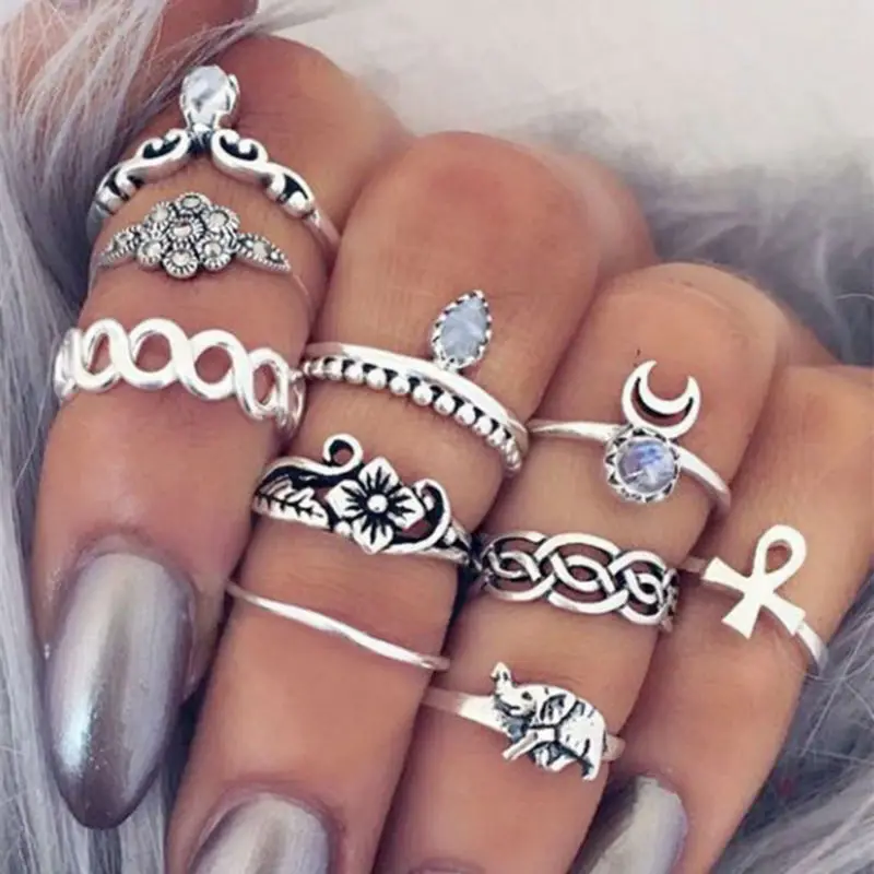 Vintage Ethnic Style Exaggerated Carved Water Drop Stone Moon Elephant Combination Ten Sets Of Fashion Twist Flower Ring