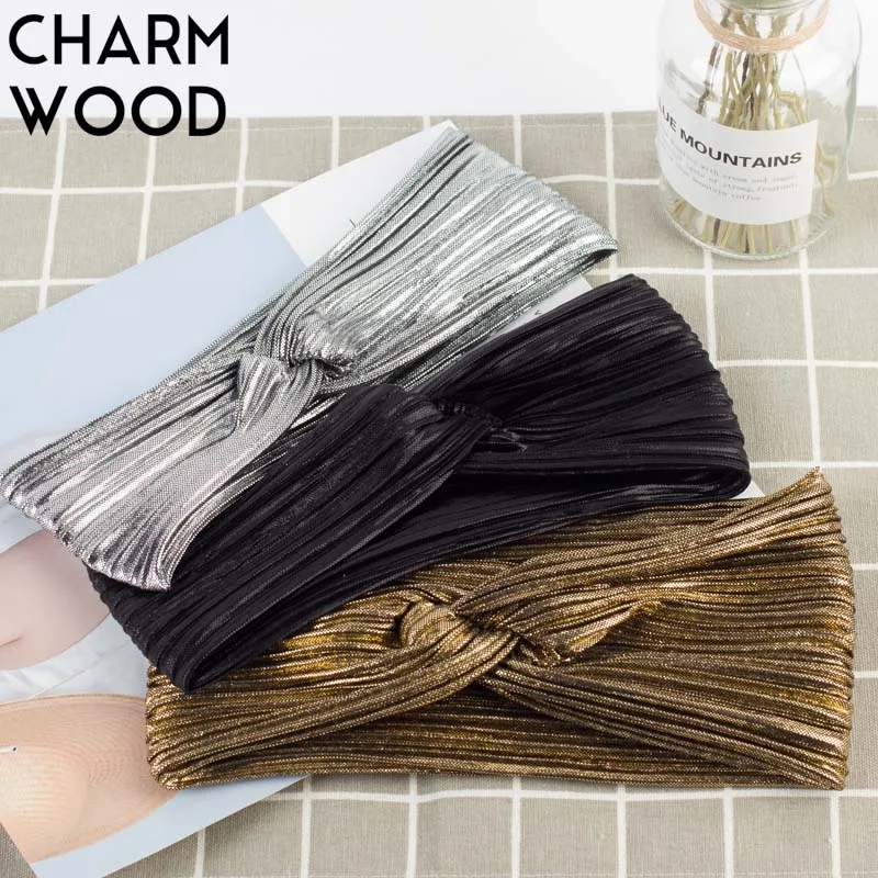 CHARM WOOD Women\'s Metallic Color Folded Headband Summer Breathable Elastic Spa Headbands for Girls Mesh Hair Band Accessory