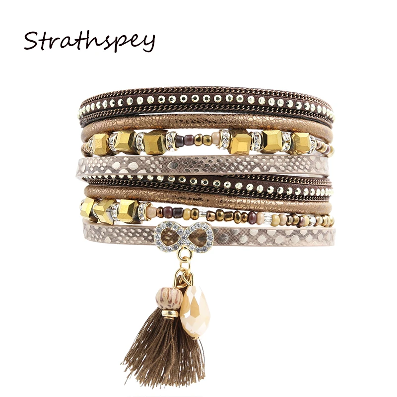 Lady pu leather brown tassel pulseras magnetic clasp rhinestone infinite charm of infinity symbol Figure 8 charm bracelet beads