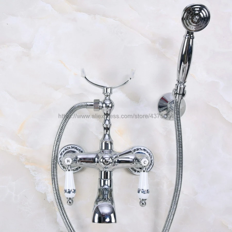 

Wall Mount Polished Chrome Bathtub Tub Mixers Two Ceramic Handles Bathroom Bath Shower Faucet with Handshower Nna241