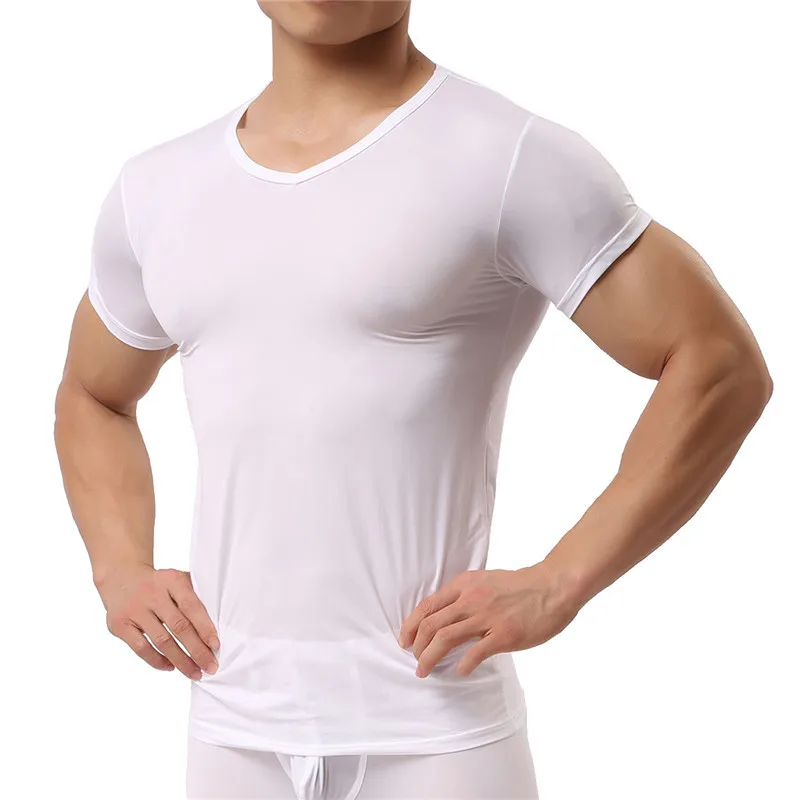 Man Undershirt Ice Silk Spandex Sheer T Shirts Male Nylon V-neck Short Sleeves Tops Ultra-thin Cool Thermal Sleepwear Undershirt