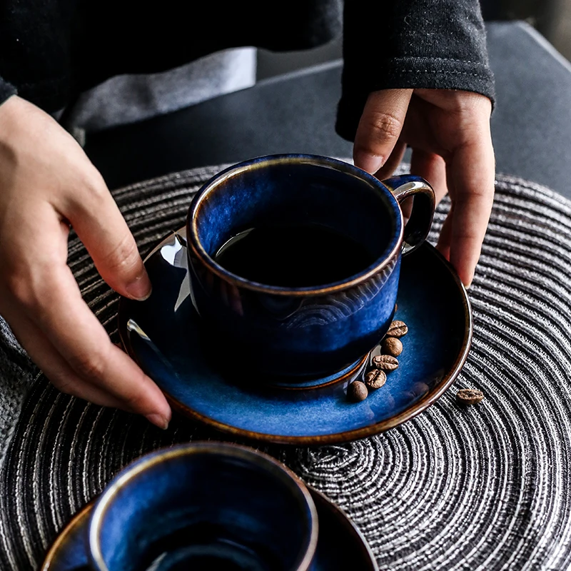 KINGLANG deep blue Ceramic Coffee Cup Saucer Set, breakfast cup, afternoon tea antique blue color Espresso coffee cup