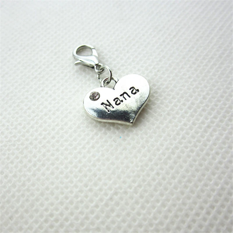 20pcs/lot Silver crystal Nana heart dangle charms lobster clasp charm diy bracelet jewelry accessory floating charms