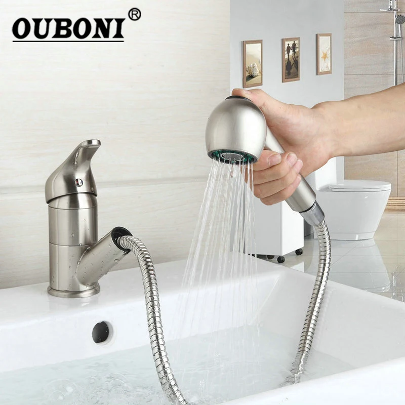 

OUBONI Nickel Brushed Kitchen faucet Pull Out Deck Mount Mixer Cold and Hot Kitchen Tap Single Hole Water Tap