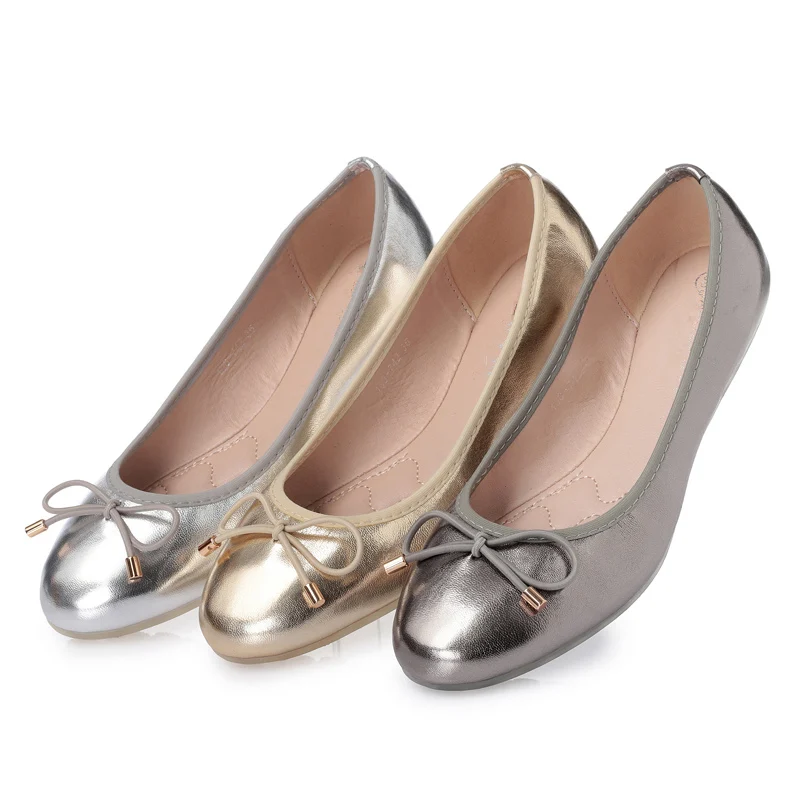 US 5-9 Lightweight Soft PU Leather Comfort Gold Silver Woman Flats Ladies SLIP-ON Summer Bowknot Ballerina Shoes