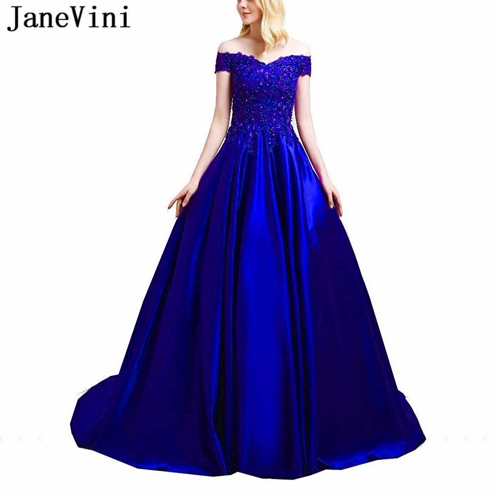 Janevini-vestido de baile azul royal, vestido longo com apliques de cetim, decote em v, festa de 16 anos