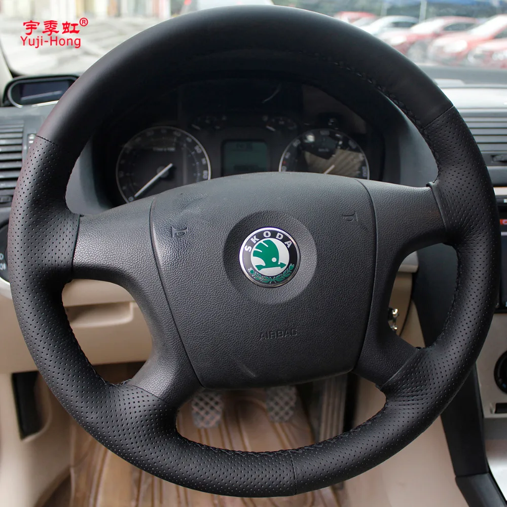 Yuji-Hong Genuine Cow Leather Car Steering Wheel Covers Case for SKODA Octavia 2007-2009 Hand-stitched Top Layer Cow Leather