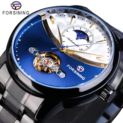 Forsining Automatic Watch Mens Blue Moon Phase Tourbillon Mechanical Watches Black Steel Band Relogio Masculino Waterproof Clock