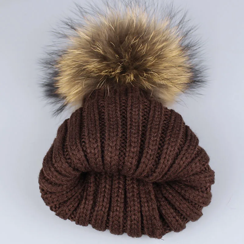 Ensemble bonnet et écharpe à pompons en vraie fourrure de raton laveur pour enfants, Skullies chauds avec pompon, chapeau avec pompon pour fille,